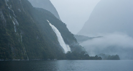 Fototapeta na wymiar Milford Sound Fjordland New Zealand. South Island. Waterfall.