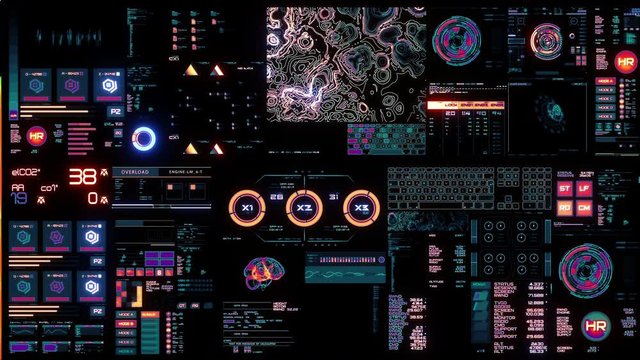glowing colorful Futuristic interface/Digital screen.Detailed abstract background with blinking and switching indicators and statuses showing work of command center, processing big data, machine deep 