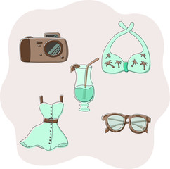 Set of travel icons: camera, bodice from a swimsuit, coctail, sundress, sunglasses. Turquoise and brown colors.