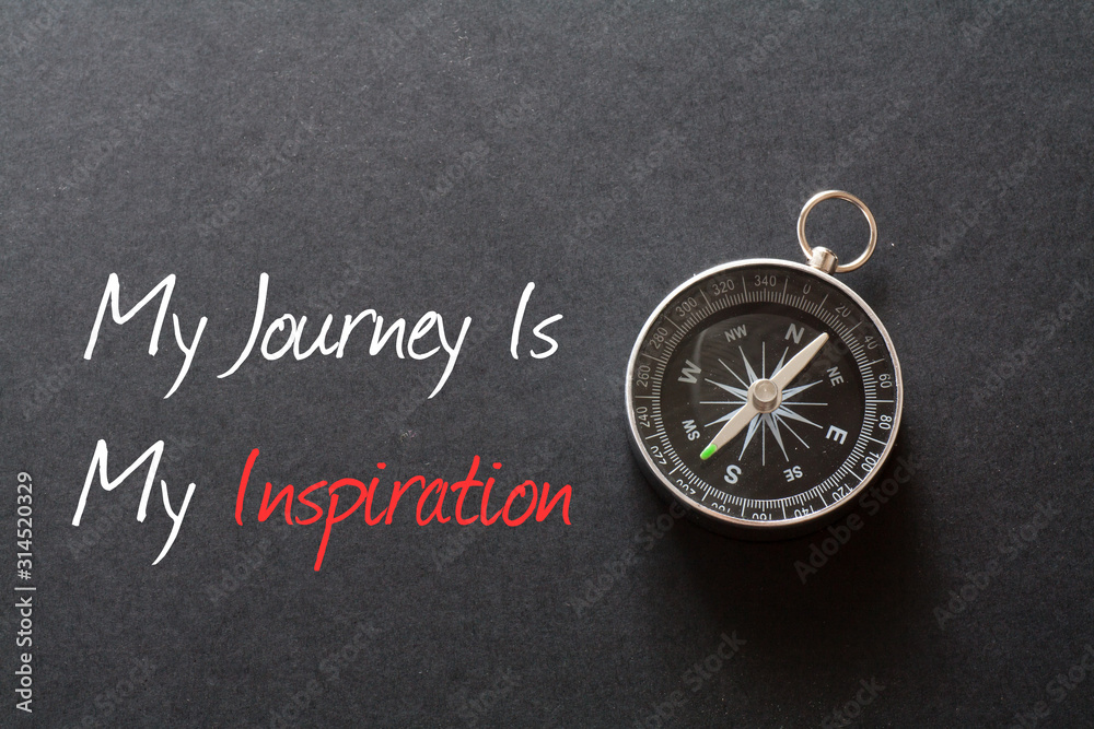 Wall mural Inspirational quote : My journey is my inspiration ,on black background with compass