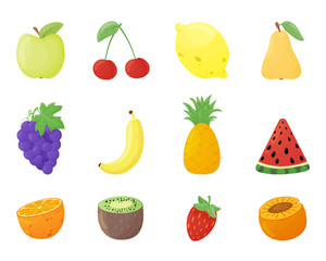 Set of colorful fruits. Cute collection in cartoon style