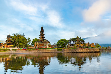 Pura Ulun Danu Bratan, Hindu temple on Bratan lake morning landscape, one of famous tourist attraction in Bali, Indonesia