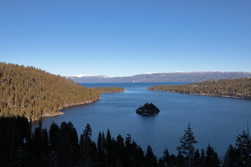 View of Emerald bay with Fannette Island in winter season.