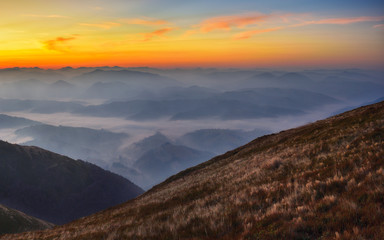 Naklejka na ściany i meble morning Carpathian mountains. picturesque autumn sunrise