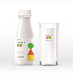 Bottle and glass of world organic milk with geometrical pattern on the label isolated on white background : Vector Illustration	