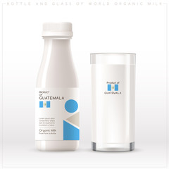 Bottle and glass of world organic milk with geometrical pattern on the label isolated on white background : Vector Illustration	