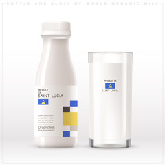 Bottle and glass of world organic milk with geometrical pattern on the label isolated on white background : Vector Illustration	