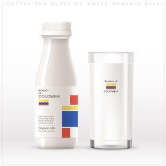 Bottle and glass of world organic milk with geometrical pattern on the label isolated on white background : Vector Illustration	