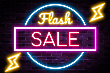 Neon flash sale banner, discount product, advertising, marketing banner.