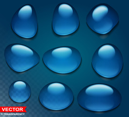 Photorealistic detailed blue big water drops. Cartoon style. Transparent layered vector.