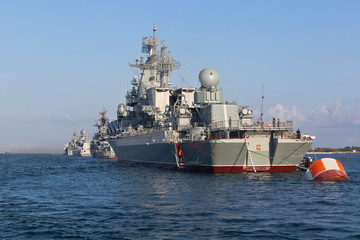 Fototapeta premium Moscow missile cruiser in the parade in the Sevastopol Bay, Crimea