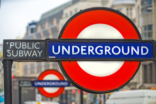 London Underground roundel shaped sign., London, UK
