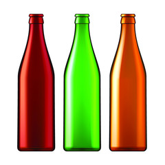 Glass bottles of diggerent color tint on white.