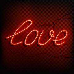 Neon word love. A bright red sign on a on a transparent background. Element of design for a happy Valentine's day. Vector illustration.