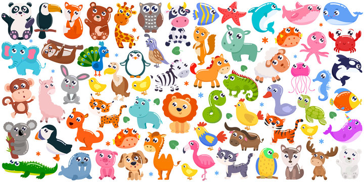 Fototapeta Big set of cute cartoon animals. Vector illustration.