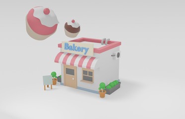 cute bakery front isometric shop and store ,low poly building flower pot and board landscape geometric scene on white background cute shopping & minimal idea creative concept