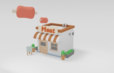 cute meat front isometric shop and store ,low poly building flower pot and board landscape geometric scene on white background cute shopping & minimal idea creative concept" 3d illustration"