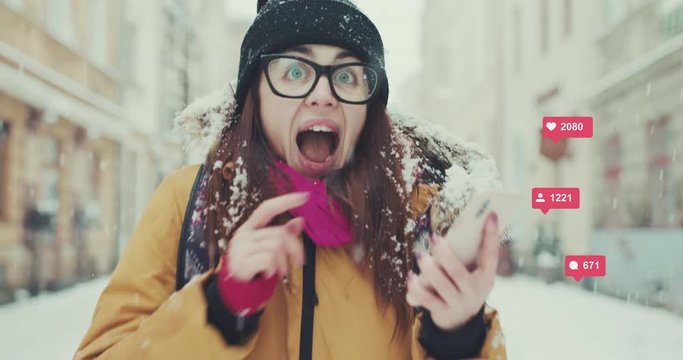 Woman Use Smart Phone Feel Happy Vlogger Influencer Animation with User Interface - Likes, Followers, Comments for Social Media from Smartphone