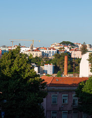 View of traditional Portuguese apartments from a green garden. Taken in Lisbon in summer.