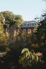 Obraz premium View of traditional Portuguese apartments from a green garden. Taken in Lisbon in summer.