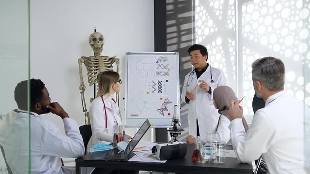 Attractive asian confident doctor telling to his multiracial colleagues about the chemical compounds which depicted on the poster in the medical office