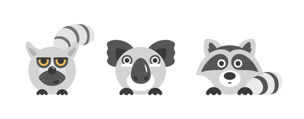 Cute cartoon animals. Sticker template. Vector illustration in flat style. Lemur, Koala, raccoon.