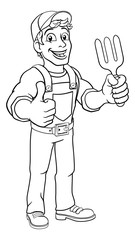 A gardener, handyman or farmer cartoon caretaker contractor man holding a garden fork tool. Giving a thumbs up
