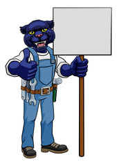 A panther animal construction cartoon mascot handyman or builder maintenance contractor holding a sign and giving a thumbs up