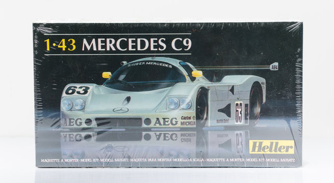 lodnon, england, 05/05/2019 A vintage retro heller mercedes c9 1.43 scale plastic hobby model race, in a plastic collectors  sealed packaging. 1970s model car assembly toy.