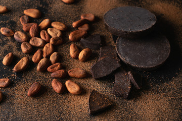 Cacao seeds and chocolate on dark background