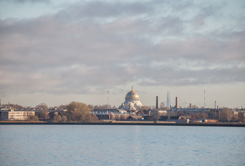 Fototapeta na wymiar View of Kronstadt from Gulf of Finland