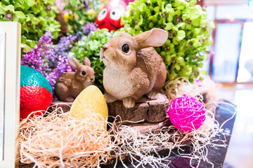 Easter bunny toy and decorated Easter eggs