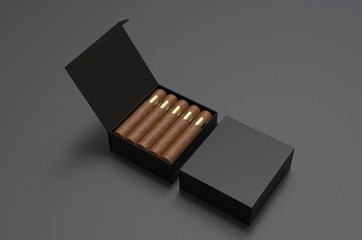 Blank cigars in hard paper box template for mock up, 3d render illustration. 