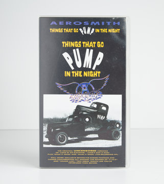 london, england, 05/05/2018 aerosmith things that go pump in the night music video Old retro vhs tape isolated on a white background. nostalgic 1980s music video.