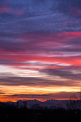 Morning sky with different colors. Colorful dawn in the mountains.