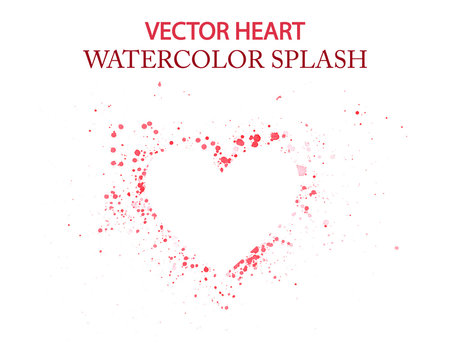 Hand drawn vector heart shape surrounded by red random drops of red watercolor isolated on white. White silhouette of a heart on a background of grunge red splashes