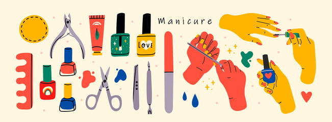 Female hands and Various manicure accessories, equipment, tools. Nail scissors, nail file, tweezers, nail polish, hand cream, polish remover, brush etc. Hand drawn big colored vector set - obrazy, fototapety, plakaty