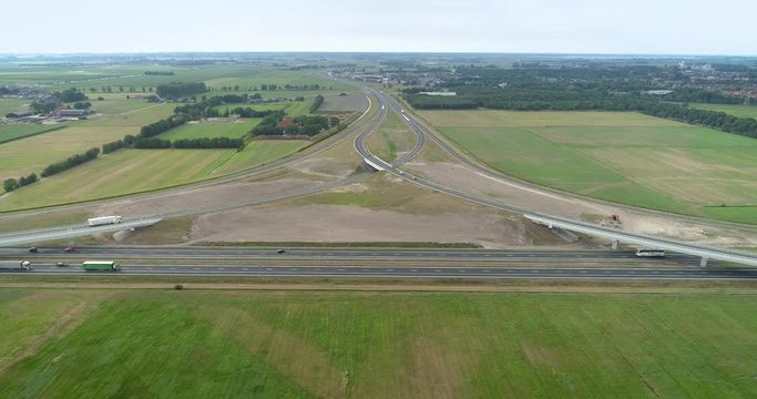 The A6 A7 Highway Intersection, Static Shot, Near Joure and Heerenveen - Friesland, Netherlands / Holland &ndash; 4K Drone Footage
