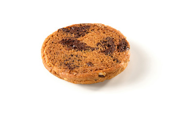 Upside down chocolate chip cookie with black and white chocolate, isolated on white background.