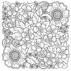 Mix doodle flowers drawing vector illustration and clip-art. Cherry blossom, poppy, stylish floral pattern for adult coloring or bullet journal page.