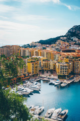 Aerial view of Monaco port. Port Fontvieille, Monaco Ville, topview from Monaco Ville, azure water,...