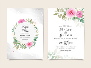 Set of card with flowers border. Invitation template set with floral decoration. Roses and leaves botanic illustration for wedding card, background, save the date, greeting, poster, cover vector