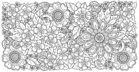 Mix doodle flowers drawing vector illustration and clip-art. Cherry blossom, poppy, stylish floral pattern for adult coloring or bullet journal page.