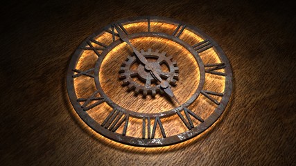 Time laps of an old watch. The hands of the clock spin quickly. Indicate the time is 6:00. Clock Time 6:00. 6 am, 6 pm. 3D illustration.