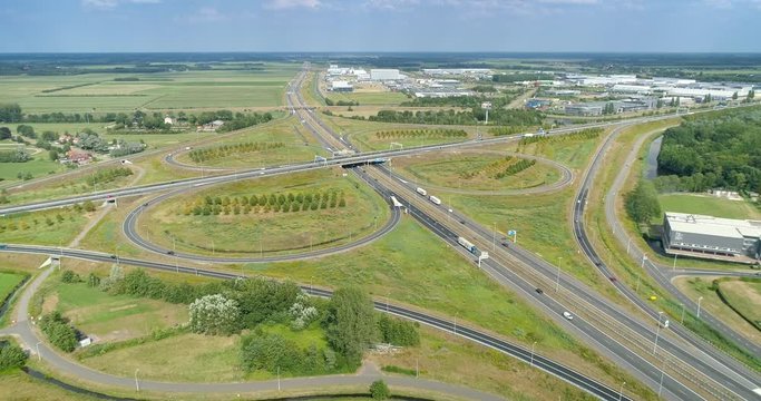 The Heerenveen Highway Intersection of A32 and A7, Full Sunny Day, Static Shot, Slight Movement - Friesland, Netherlands / Holland &ndash; 4K Drone Footage