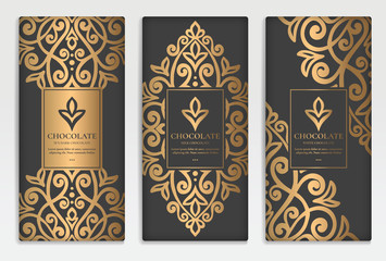 Gold and black luxury packaging design of chocolate bars. Vintage vector ornament template. elegant, classic elements. Can be used for background, wallpaper or any desired idea.