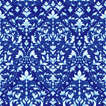 Blue and white luxury ornament seamless pattern. Traditional Turkish, Indian motifs. Great for fabric and textile, wallpaper, packaging or any desired idea.
