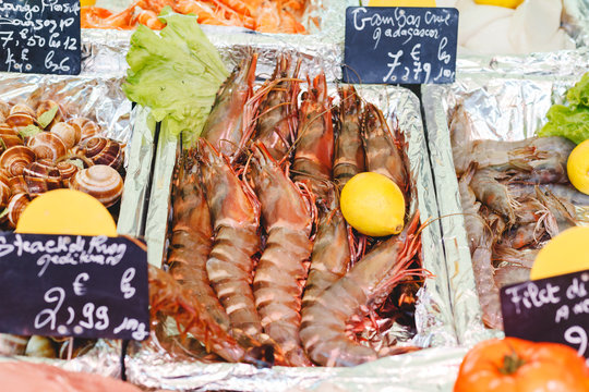 Raw uncooked large shrimp for sale at farmers market. Sea food market. Stock photo large shrimps and snails in foil boxes on market in Paris, France