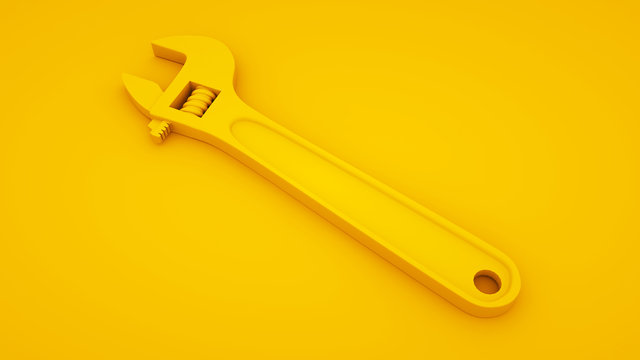Adjustable wrench on yellow background. Minimal idea concept, 3d illustration