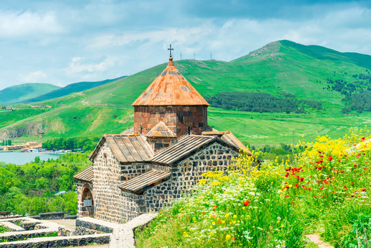 Beautiful view of the Sevanavank Monastery and the mountains of Armenia